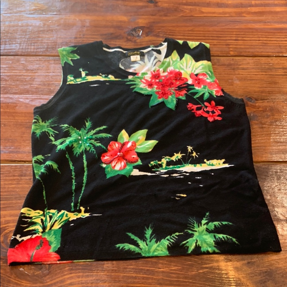 Elizabeth New York Womens Sequin Sleeveless Floral/Hawaiian Top